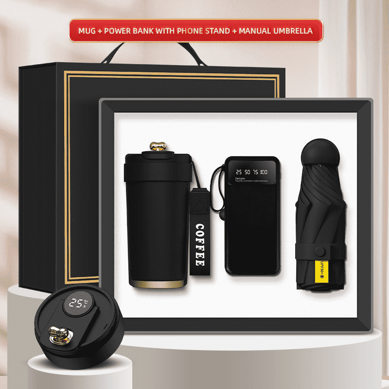 Персонализирано лого 3-в-1 подаръчна кутия Чаша Power Bank Мини чадър